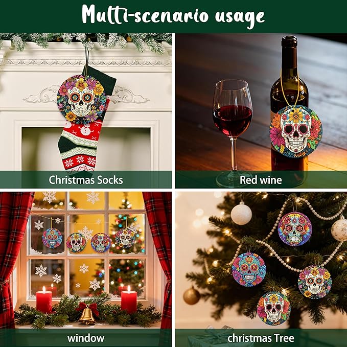 Floral Skull Christmas Ornaments Set of 4,Ceramic Skulls Ornaments for Christmas Tree,Keepsake Ornament Holiday Decoration, Round, Gift Exchange for Home