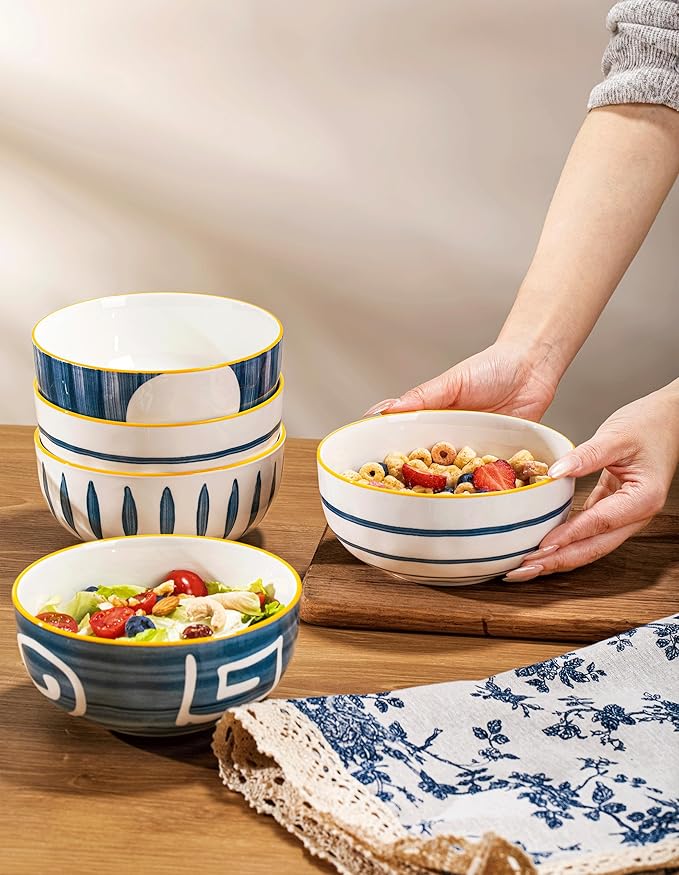 Yeacccng Japandi Cereal Bowls Set of 4, 6 Inch 27 Oz Blue Striped Ceramic Soup Bowls, Lead-Free Cadmium-Free, Dishwasher Microwave Oven Safe, Scratch-Resistant Serving Bowls