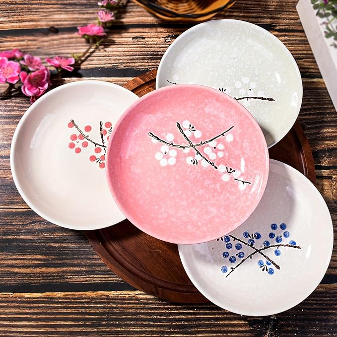 Set of 4 Japanese-Style Ceramic Plates – 7 Inch Asian-Inspired Dinner Plates with 4 Unique Patterns, Microwave & Dishwasher Safe, Handcrafted Artisan Designs, Elegant Tableware for Home Dining & Gifts