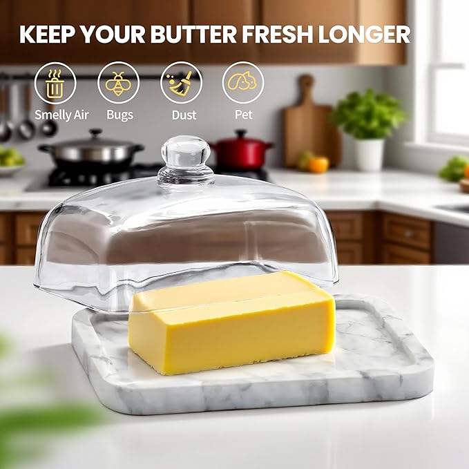 Marble Butter Dish with Lid, Elegant Large Capacity Butter Holder for Countertop & Refrigerator – Natural Cool Surface Keeps Butter in an Ideal Spreadable State – White Butter Container