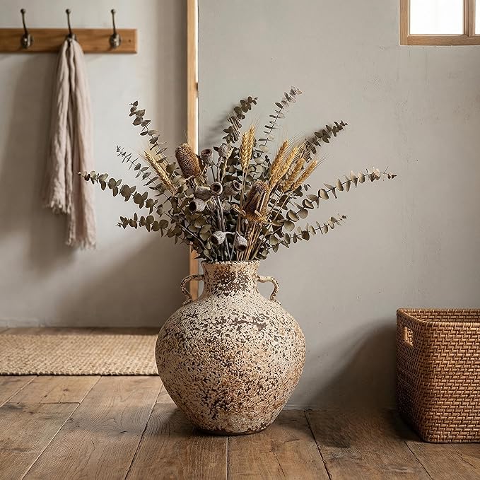 Ceramic Rustic Farmhouse Vase,Extra Large Terra Cotta Vase, Huge Pottery Decorative Flower Vases for Living Room Entryway Table Centerpiece Decor(11.8'' X 11.8'' x 11.8'')