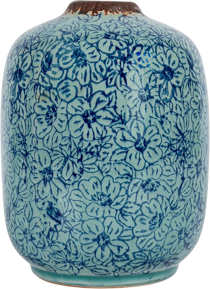 Creative Co-Op Decorative Round Terra-Cotta Vase with Floral Pattern with Distressed Finish, Blue