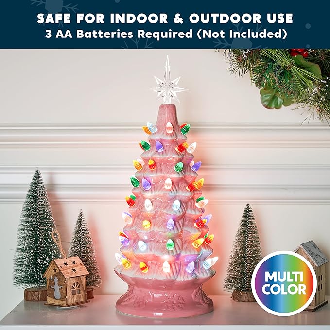 Joiedomi 15" Ceramic Christmas Tree, Table Top Christmas Decor with Star Topper, Vintage Pre-lit Xmas Tree with Multicolored LED Lights, Battery Operated Hand-Painted Xmas Decorations Indoor Home