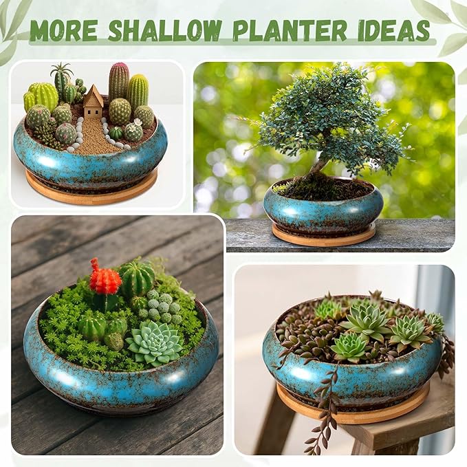 2 Pack 7.3 Inch Round Large Shallow Succulent Ceramic Planter Pots with Drainage Hole Drip Glazed Shallow Bonsai Pot with Bamboo Tray for Indoor Outdoor Plants Decor Cactus Flower