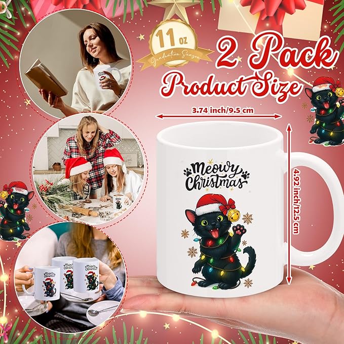 Sliner 2 Set Black Cat Gifts Coffee Mugs 11 oz Christmas Ceramic Coffee Cup Funny Cute Tea Cup Xmas Holiday Birthday Gifts for Men Women Cat Lovers