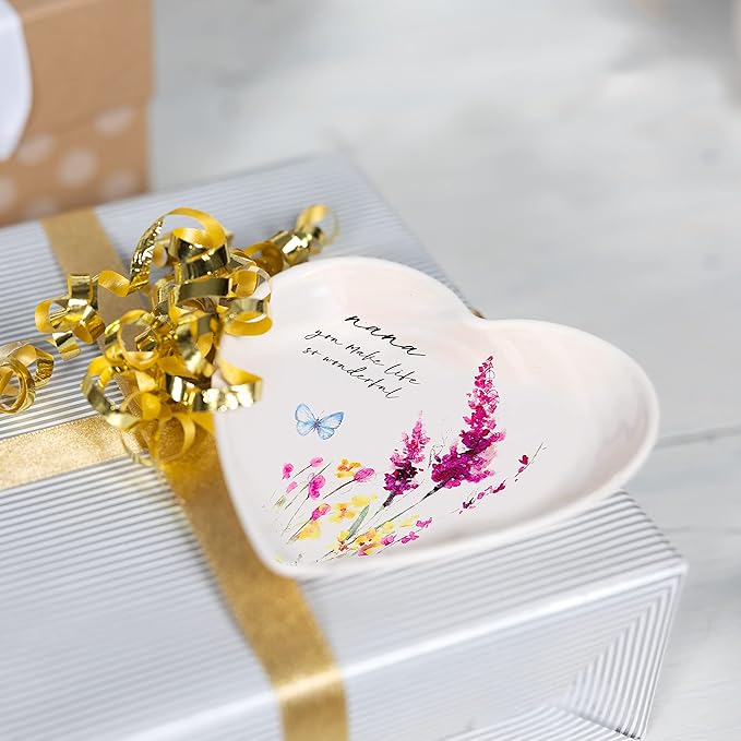 Pavilion Gift Company - Nana - Ceramic Heart-Shaped Keepsake Dish, Watercolor Floral Design, Nana Gifts, Unique Gifts for Nana, Trinket Dish, Jewelry Dish, 1 Count, 4.5IN