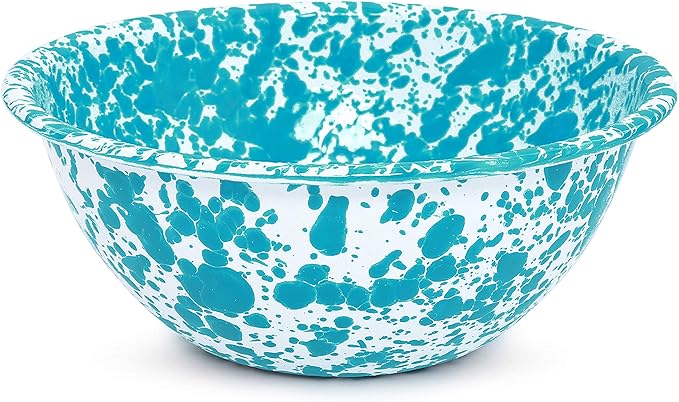 Crow Canyon Home Enamelware Serving Bowl, 1.5 quart, Turquoise/White Splatter (Single)