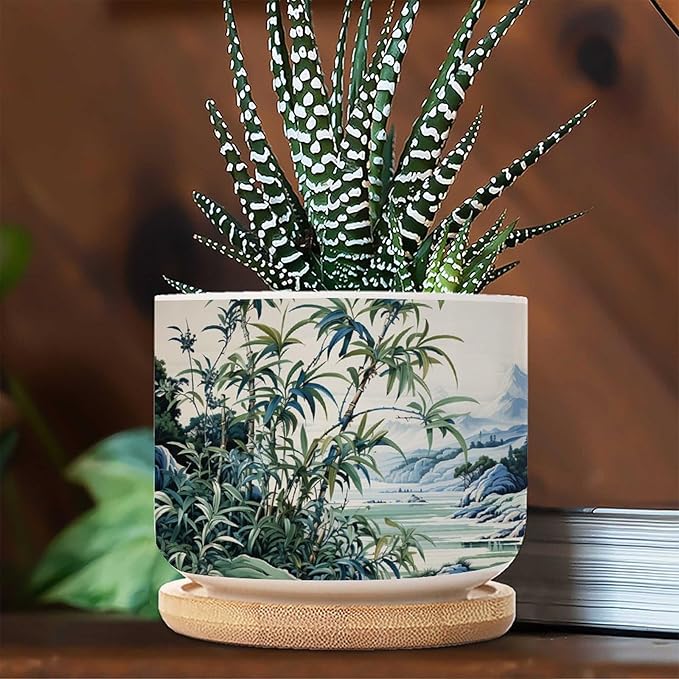 Blue Green and White Asian Scenery Small Ceramics Plant Pot Set of 5 Green Bamboo and Flower Ceramics Pots for Plants with Drainage and Bamboo Tray Oriental Chinoiserie Houseplant Pot