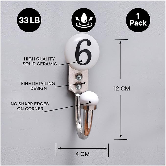 IndianShelf 1 Piece Ceramic, Zinc Decorative Cute Hooks for Hanging Coats, Jackets, Leash, Hat, Towel, Backpack, Purse, Handbag (White)