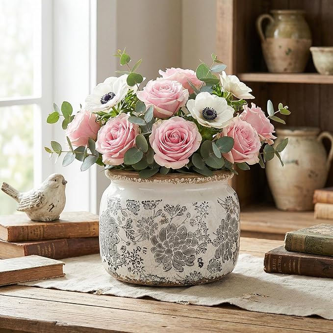 7.7" Large Ceramic Plant Pot Beige Gray Rustic Peony Crackle Glaze Rustic Flowers Pot Decorative Planter with Drainage for Indoor Outdoor Plants Home Kitchen Office Decor Gift