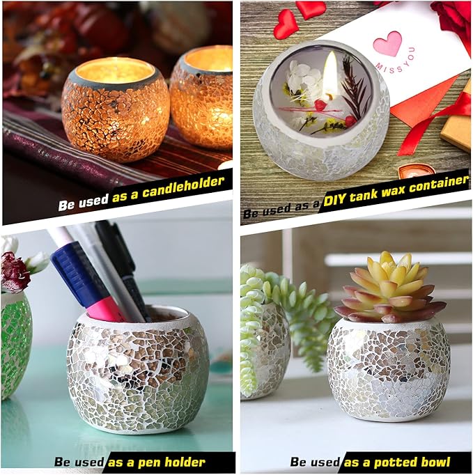 Romantic Mosaic Cracked Candle Holders(NO Candles) Wedding Dinner by Candlelight,Handmade Tea Light Holders Candles Cape Bowl for Valentine's,Christmas Table Centerpiece,Party Decor 1 PC (Nude Gold)
