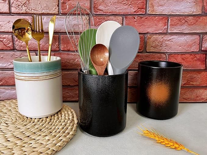 Short Kitchen Utensil Holder for Kitchen Counter, Ceramic Small Utensil Crock & Vase & Holder for Cutlery Spatula Brush Silverware Cooking Utensil Holder (Matte Black)