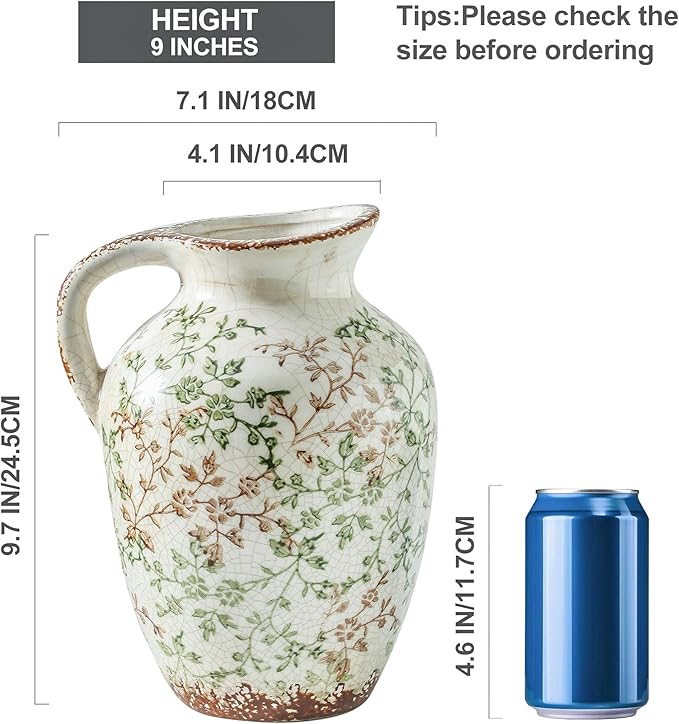 Enra Vintage Pitcher,Ceramic Chinoiserie Floral Vase,Green and Beige Decorative Flower vase,Large Rustic Vases for Home Decors, Living Room, Bookshelf, Office，9.7 inch