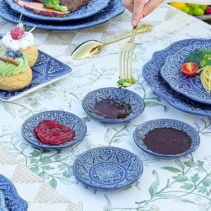 Sungmor Embossed Stoneware Fine Dining Dinnerware, Antique Baroque Style Porcelain 4 Inch Soy Saucer Dish, Set of 4 Sophisticated Ceramic Dipping Bowl, Appetizer Dessert Plate, Ketchup, Spices Bowl