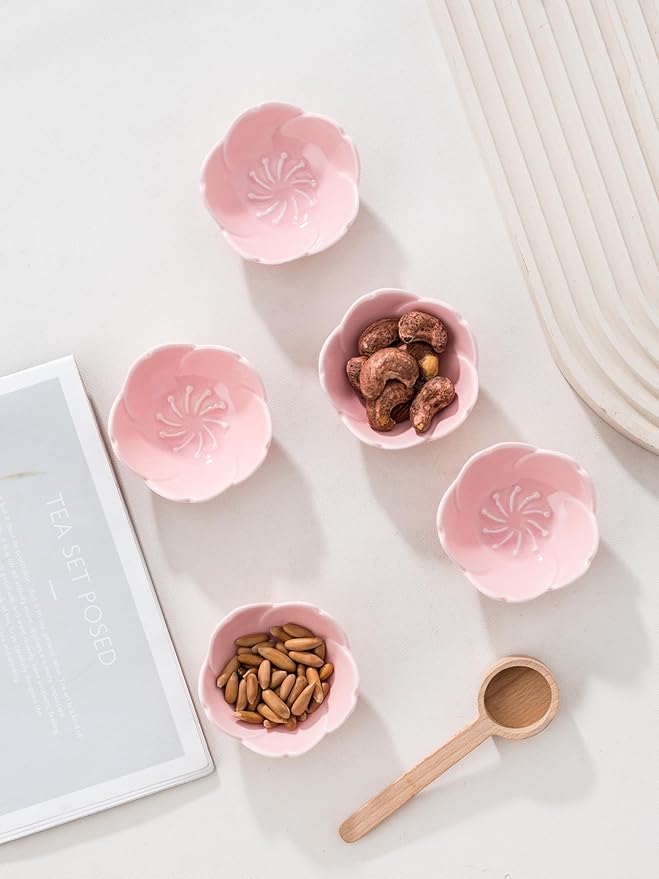 Jusalpha 5 PC Pink Cherry Blossom Ceramic Sauce Dish, Seasoning Dish, Sushi Soy Dipping Bow, Dessert Bowl, Appetizer Plates, Serving Dish for Kitchen Home (Pink, Set of 5)