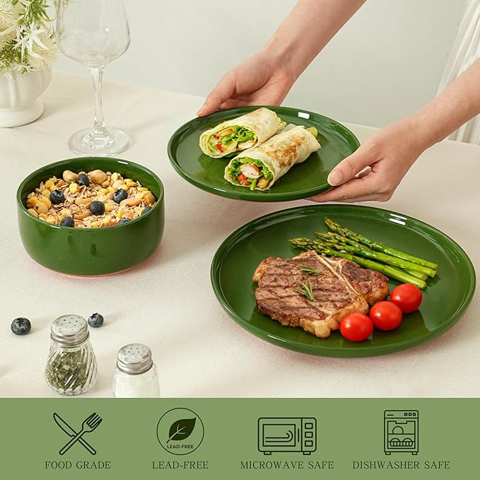 12 Piece Dinnerware Set, Dual Glaze Stoneware Plates and Bowls Sets, Modern Dinner Plate, Salad Plate, Cereal Bowl, Dish Set for 4, Microwave and Dishwasher Safe, Forest Glaze Green