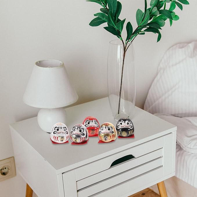 Japanese Ceramic Tumbler Figurines Set of 5 Mini Traditional Lucky Car Interior Decor for Home and Office Gold Plated
