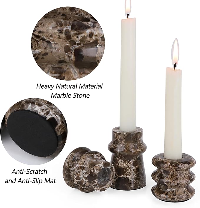 Vixdonos Marble Candle Holder Set of 3 Taper Candle Candlestick Mantle Candle Stand for Home Decor,Wedding,Party and Table Centerpieces(Brown)