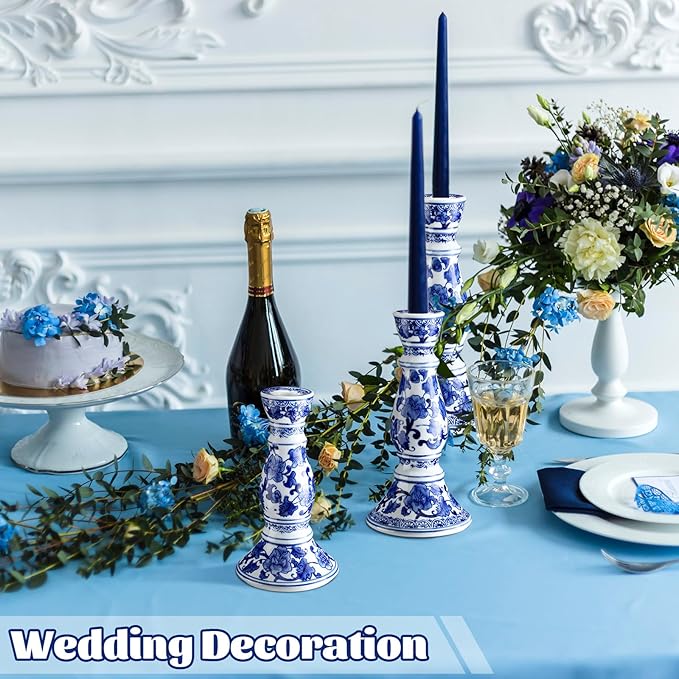 Soaoo Set of 3 Blue and White Porcelain Ceramic Pillar Candle Holder Chinoiserie Pillar Candle Holders Candlestick Decoration for Wedding Party Fireplace Table Home Centerpiece