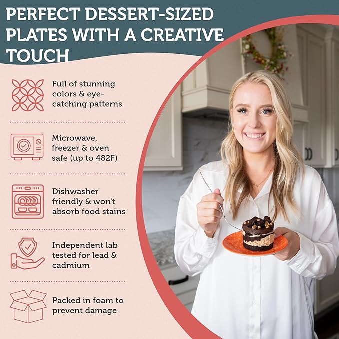 Annovero Dessert Plates - Small 6 Inch Plate for Appetizer, Cake, Snack, Pie, Cocktail - Microwavable - Decorative Colorful Porcelain Mini Saucer - Zero Lead & Cadmium - Set of 6