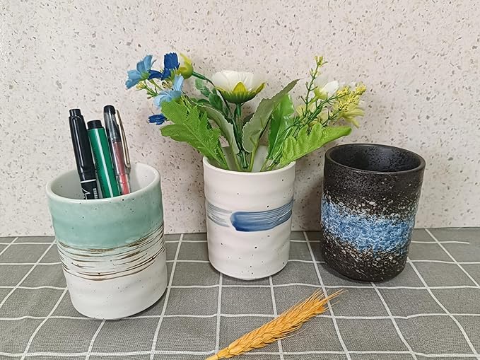 Stoneware Coffee Bar Utensil Holder Tea & Coffee Spoon & Stirrer Holder for Stir Stick Straw Teaspoon Holder Spoon Cup Small Utensil Jar (Green fields)