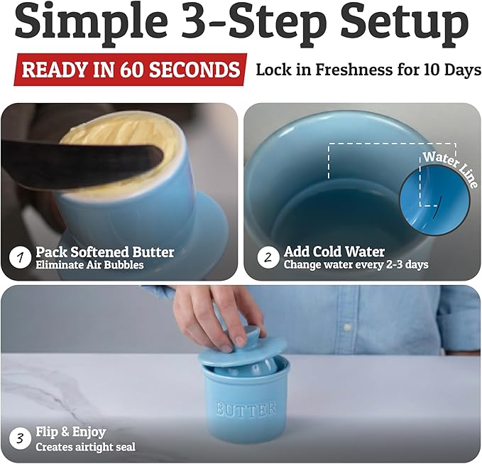 PriorityChef Butter Crock with Lid with Water Line, Ceramic French Butter Dish to Leave On Counter, Light Blue