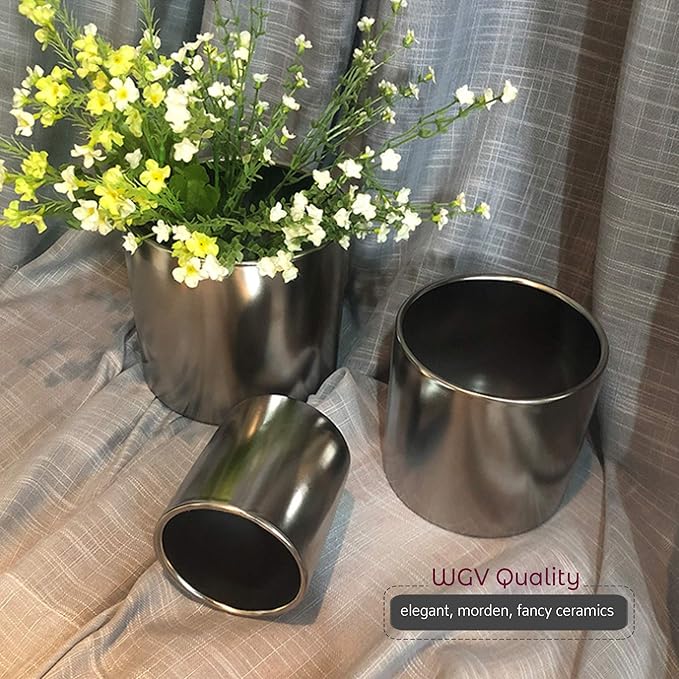 WGVI Silver Ceramic Cylinder Vase Width 5.5" Height 5", Flower Arrangements, Candle Holder, Terrarium Planter Pot, Storage Container Organizer, Pen Brush Holder, Smooth Silver Tabletop Decor, 1 Pc