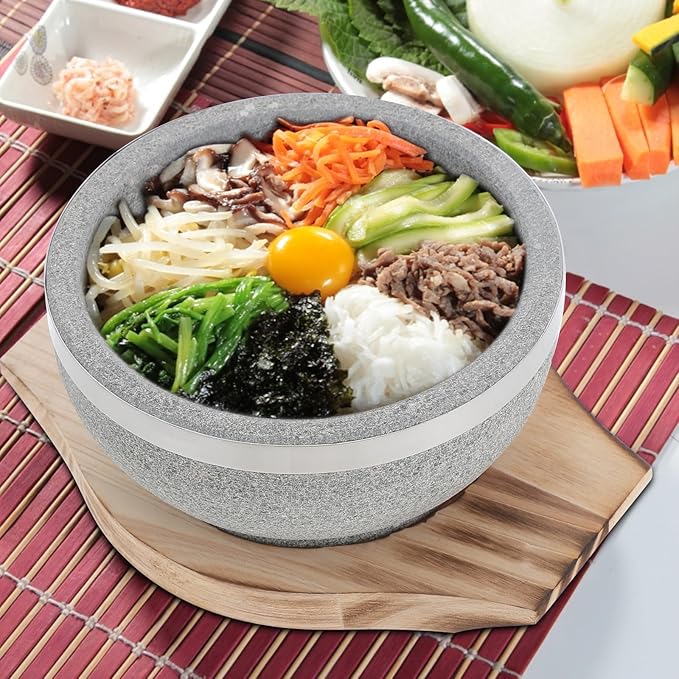 Zerodeko Bibimbap Bowl: Korean Stone Pot with Wood Base - Decorative Stone Bowl - Cooking Utensils for Home Restaurants Korean Soup Food Rice Stew