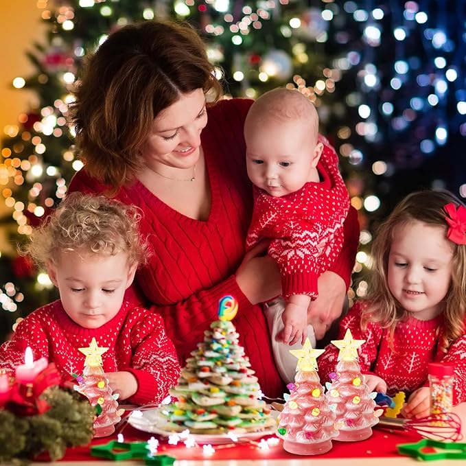 Leinuosen 6 Set Mini 4 Inch Ceramic Christmas Tree with Multicolored Lights Xmas Tree Hanging Light up Ornaments Pre Lit Hand Painted for Tabletop Home Office Table Holiday Decorations(Pink,Star)