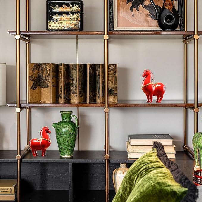 Horse Figurine Red Ceramic Horse Statue with Gold Trim Decorative Tang Asian Inspired Home Decor for Living Room, Study & Office Collection