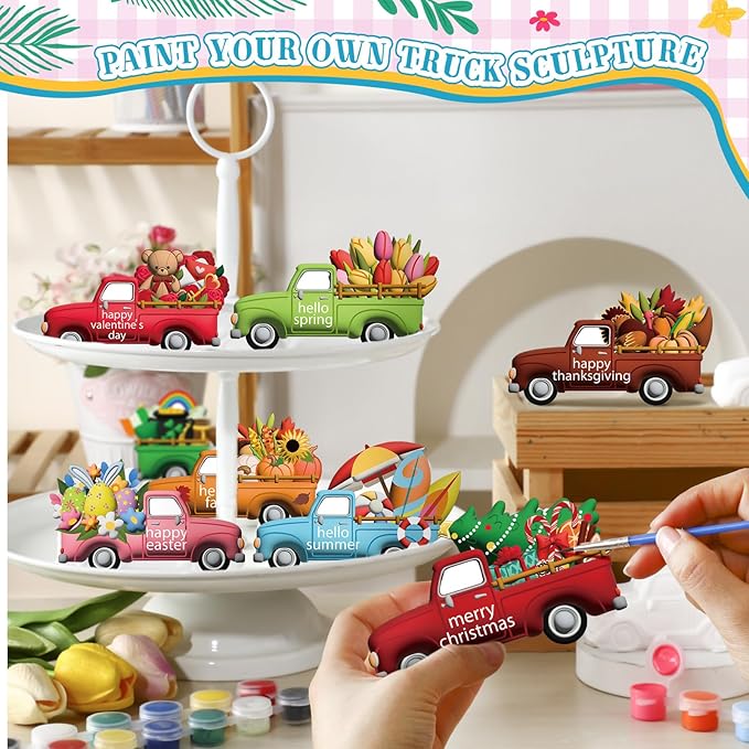 Kolldenn 12 Pcs Holiday Gnome Truck Vase Painting Kit Ceramics to Paint Your Own Statues DIY Statues with 24 Acrylic Paint 4 Brushes 2 Palette Unpainted Crafts for Christmas Winter(Truck)