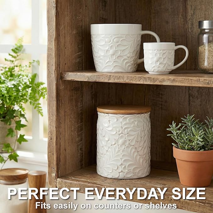 Small Engraved Ceramic Kitchen Canister - Storage Jars with Airtight Lids Made from Bamboo with Nature-Inspired Engraving - Use as a Pasta Holder, Coffee Ground Holder, Rice Container - 30 Ounces