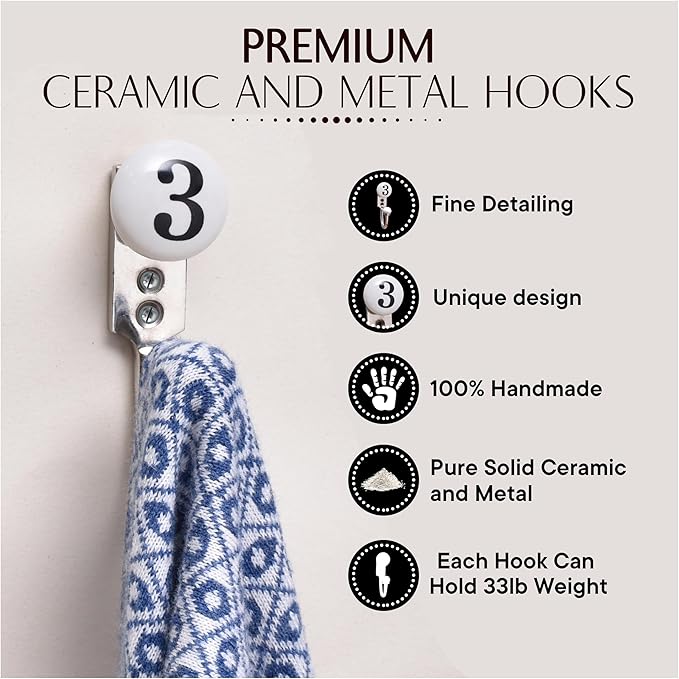 IndianShelf Stylish Ceramic, Zinc Decorative Cute Hooks for Hanging Coats, Jackets, Leash, Hat, Towel, Backpack, Purse, Handbag for Bathroom Décor(White)