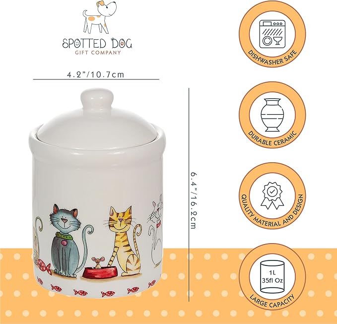 SPOTTED DOG GIFT COMPANY Ceramic Jar with Lid for Countertop, Cute Cat Treat Container, Decorative Kitchen Storage Jar for Tea Coffee Sugar, Gifts for People Who Love Cats 35oz