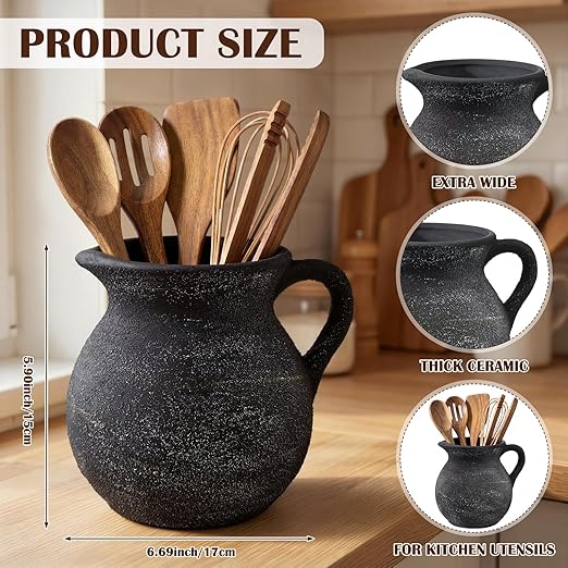 Rustic Kitchen Utensil Holder with Handle,7.48" H Ceramic Vintage Utensil Crock for Countertop, Farmhouse Kitchen Decoration Ceramic Pot for Spatulas Spoons Tongs(Classic,Antique Black Gold)