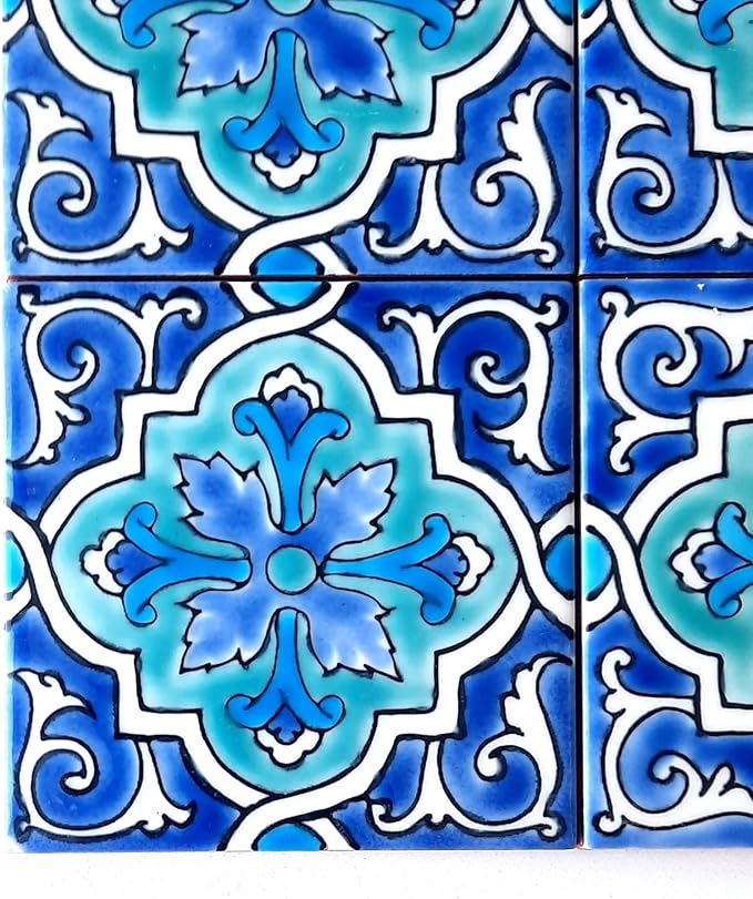 DŸARI Decorative Ceramic Tiles – Hand Painted Indoor & Outdoor Floor Tiles – Spanish Artisan Tile Top Kitchen – Mediterranean Decorative Tiles 4” × 4” – Durable Colorful Floor Tiles – 140 g (Eau V 7)