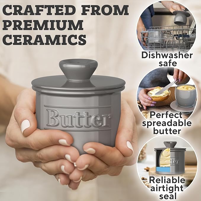 Premium Butter Crock with Lid - Original Design French Butter Dish - Beautiful Ceramic Butter Keeper for Counter with Water Line - Perfect to Keep Butter Soft and Spreadable, Gray