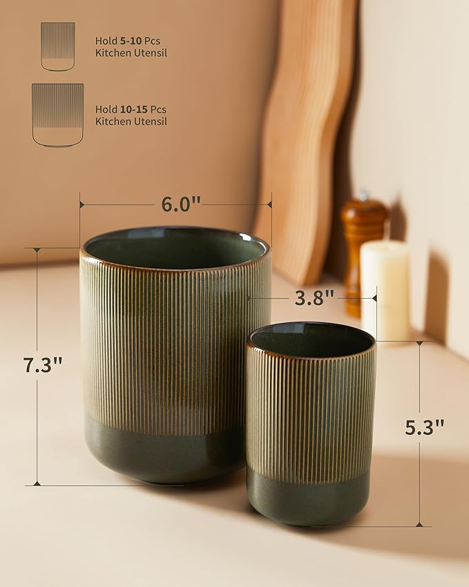 Utensil Holder, 7.3"+5.3" Ceramic Kitchen Utensil Holder for Countertop, Large Cooking Utensil Organizer, Modern Utensil Crocks Spatula Holder for Farmhouse Kitchen Counter Decor, Brown Green