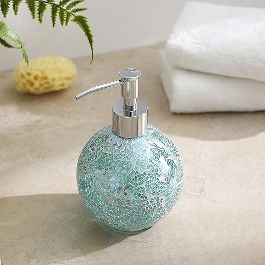 WHOLE HOUSEWARES | Glass Mosaic Hand Soap Dispenser for Bathroom | Lotion Bottle for Kitchen, Bathroom with Chrome Plated Plastic Pump |14 Ounce Set of 2 (Turquoise)