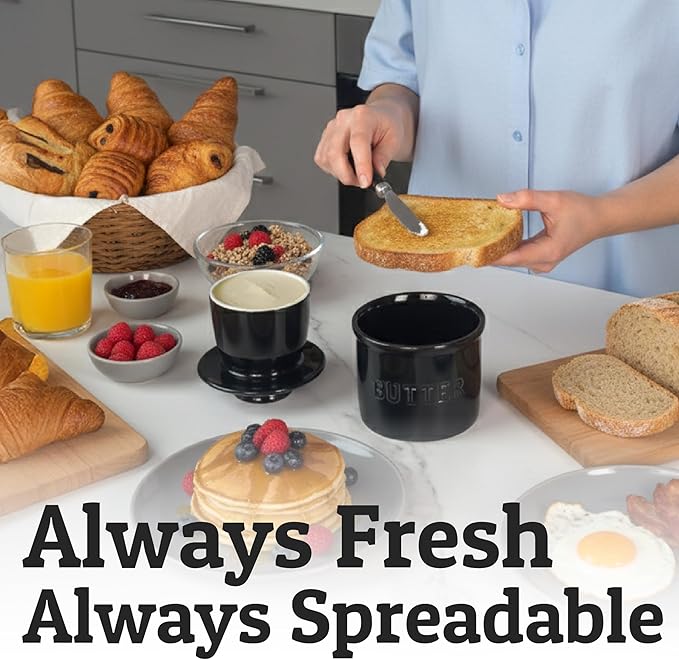 PriorityChef Butter Crock with Lid with Water Line, Ceramic French Butter Dish to Leave On Counter, Black