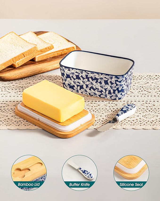 vancasso SELENE Butter Dish with Lid, 6.5" Large Butter Dish for Countertop, Ceramic Butter Keeper Container with Knife and Bamboo Lid, Blossom Cluster Pattern