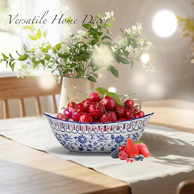 12" Extra Large Blue and White Porcelain Fruit Bowl for Kitchen Counter or Home Decor, Fruit & Vegetable Holder, Large Ceramic Fruit Bowl for Home Decorative Centerpiece