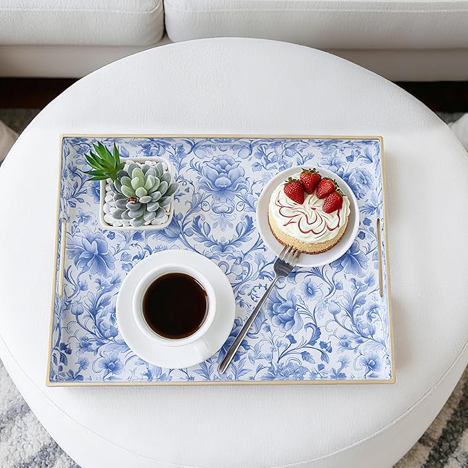 Serving Tray with Handles, 2 Pack Rectangular Plastic Tray 15.75x11.81 Inch, Blue and White Peony Chinese Porcelain Style Decorative Tray for Kitchen, Dining Table, Vanity, Office & Home