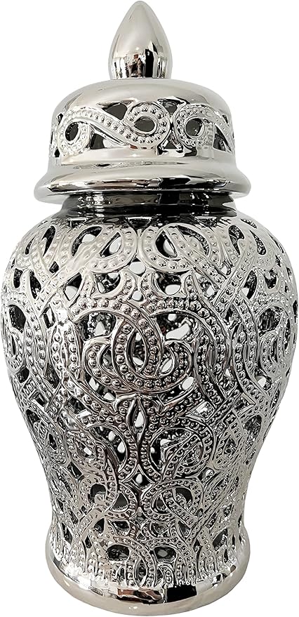 Noori Home - 100% Modern Glam Artisan Ceramic PARKER Medium Silver Ginger Jar Urns with Lid 9.25x9.25x18