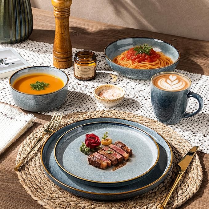 GBHOME Ceramic Dinnerware Sets for 4, 12 Pieces Stoneware Plates and Bowls Sets, Reactive Glaze Dishes -Scratch Resistant, Dishwasher&Microwave Safe, Space Blue