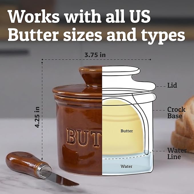 PriorityChef Butter Crock with Lid with Water Line,Ceramic French Butter Dish to Leave On Counter, Brown