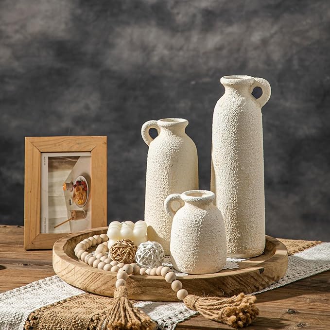 Rustic White Ceramic Vase Set, Flower Vases for Home Decoration, Farmhouse Decor, Living Room Kitchen Table Centerpieces, Shelf, Mantel, Fireplace and Entrance Decorations