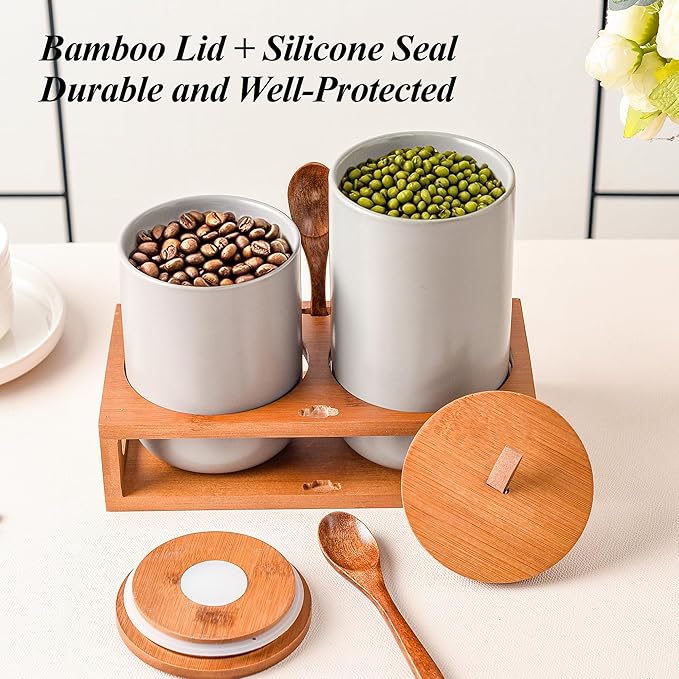 Gray Ceramic Canister Set of 2 with Bamboo Lids, Wooden Stand & Spoons – 35oz & 28oz Airtight Food Storage Jars for Coffee, Sugar, Tea, Kitchen Counter Organizer