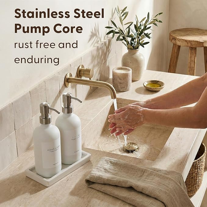 MaisoNovo Soap and Lotion Dispenser Set - Bathroom Soap Dispenser Set with White Soap Dispenser, Silver Pumps & Ceramic Tray