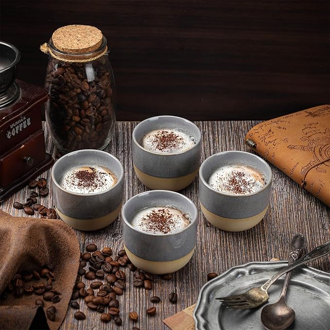 VanEnjoy Espresso Cups Set of 4 Stackable Coffee Mugs Colorful Unique Ceramic Glazed Demitasse Espresso Cups Gray Ceramic Espresso Mugs 5oz Espresso Cups for Tea Coffee